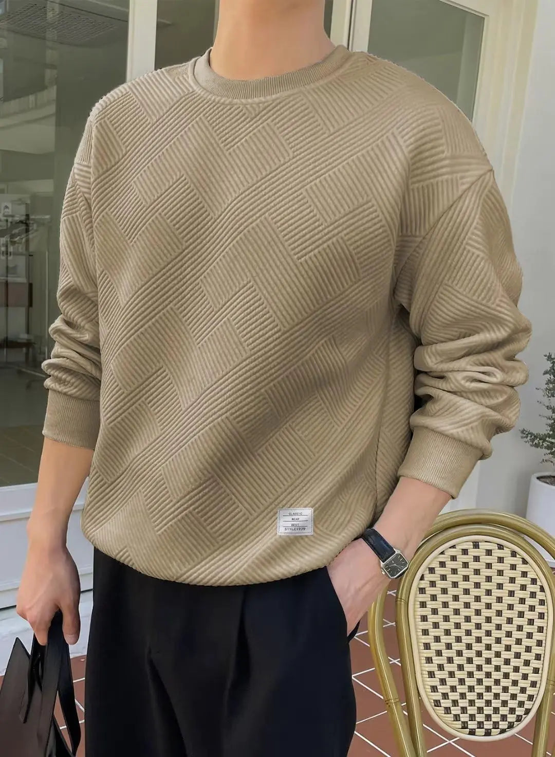 Men's Crewneck Sweatshirts Soild Color Geometric Texture Long Sleeve Casual Pullover Shirt Medium Brown