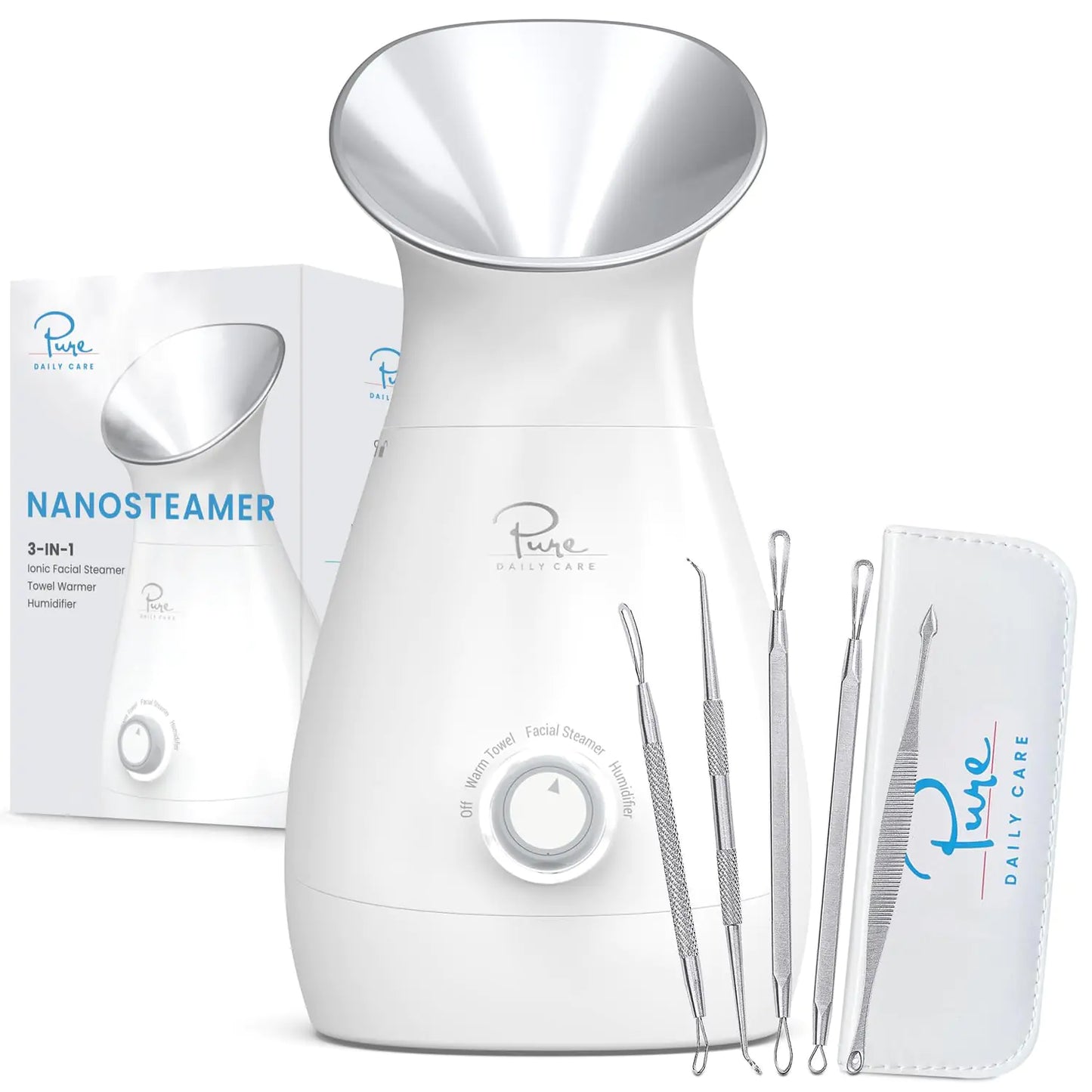 NanoSteamer Large 3-in-1 Nano Ionic Facial Steamer with Precise Temp Control - Humidifier - Unclogs Pores - Blackheads - Spa Quality - Bonus 5 Piece Stainless Steel Skin Kit (Silver) Silver