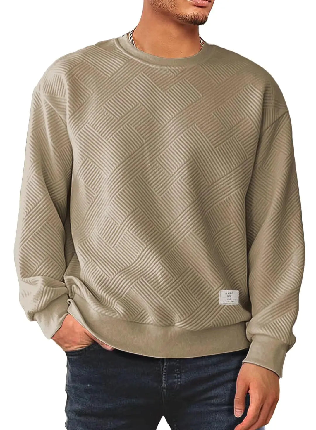 Men's Crewneck Sweatshirts Soild Color Geometric Texture Long Sleeve Casual Pullover Shirt Medium Brown